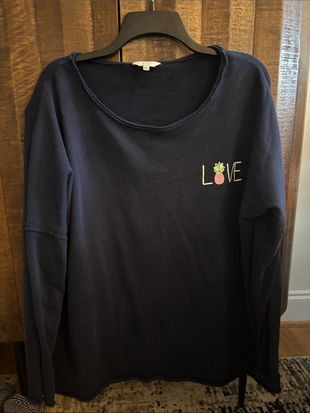 Womens Navy Long-Sleeve Top with Pineapple Love Embroidery